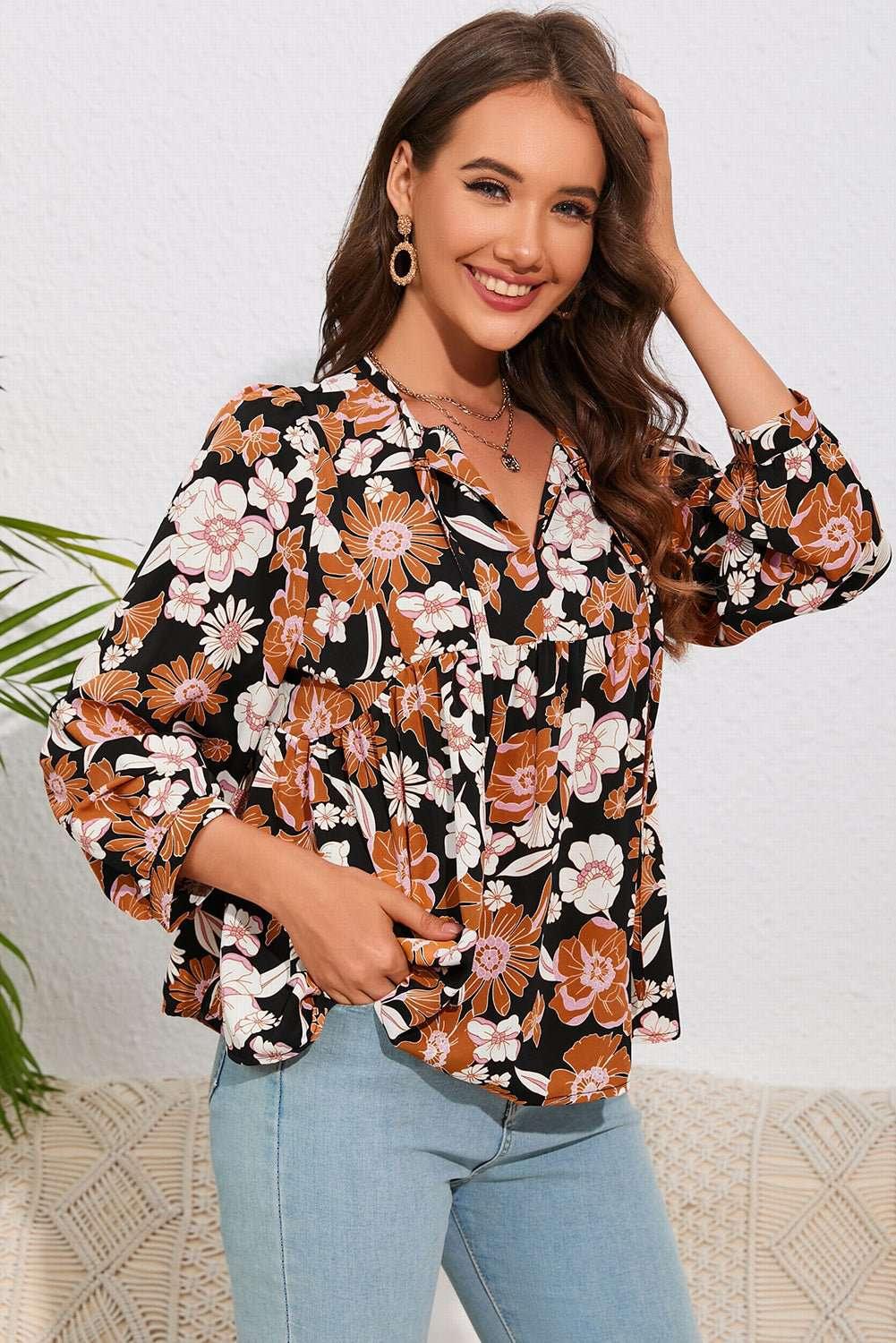 Floral Tie Neck Babydoll Blouse - VILLA FASHION